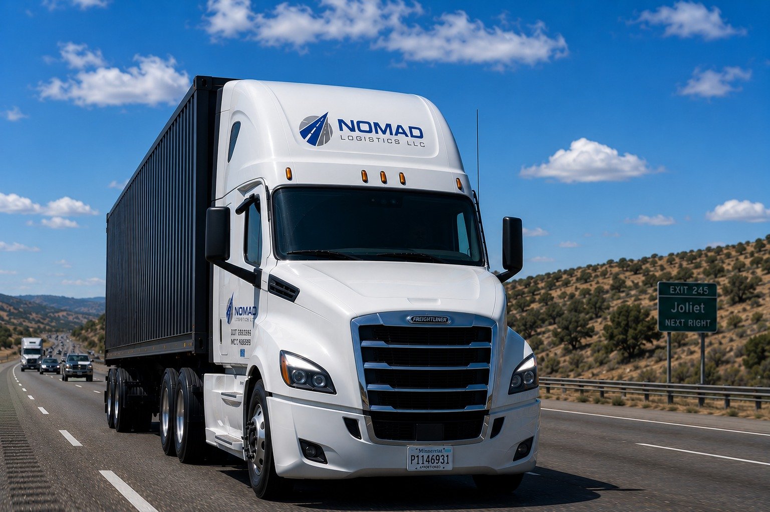 Nomad Logistics semi truck driving on a highway